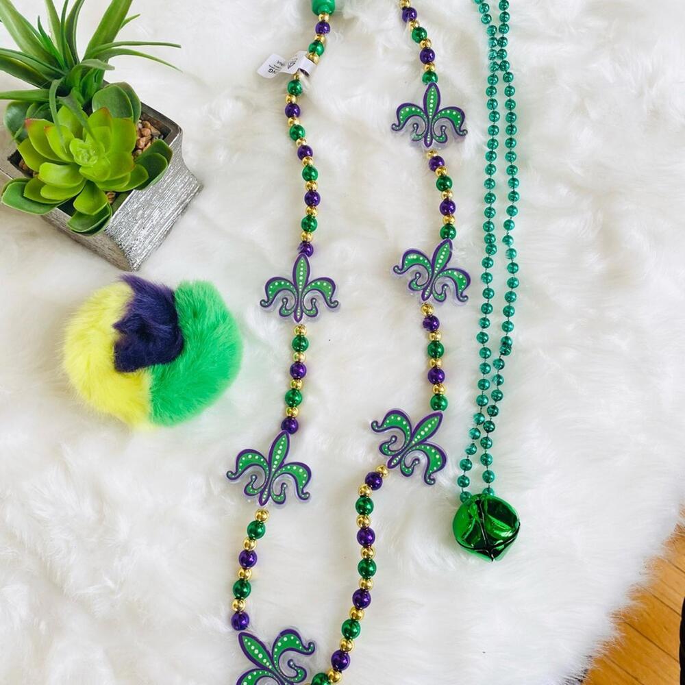Mardi Gras Themed Beaded Light up Necklaces with Fleur-de-lis Charms